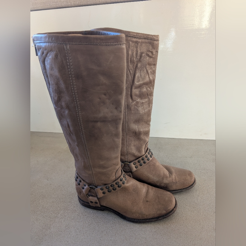 Frye Women's Phillip Studded Harness Tall Boots in Grey